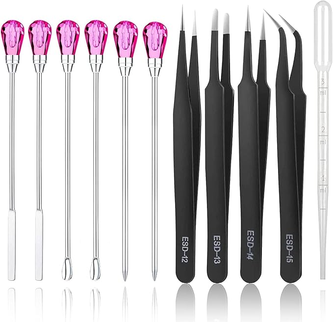 11 Pcs Silicone Resin Mold Tools Set Stirring Needle Spoon Tool Tweezers Precision Kit, Anti-Static Electronics Tweezers Set for Resin Art Crafts,Jewelry Making,DIY Epoxy Casting Molds(Rose Red)