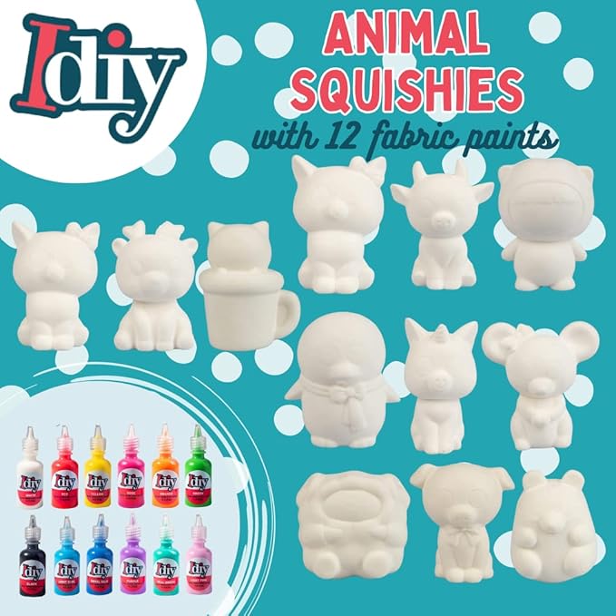 SCS Direct DIY Jumbo Animal Squishies 3.5" -6" (12pc) & Fabric Paint (12 Bottles) Combo Pack- White Kawaii Slow Rising Squishy Toys for Drawing, Painting, Decorating - Scented Stress Relief Craft