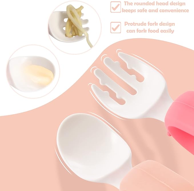 Baby Self Feeding Training Spoon and Fork Set with Travel Case, BPA-Free Cute Circle Toddler Training Utensils, Silicone/ABS Great Tableware Set Spoons Fork for Kids (Pink& Light Pink)