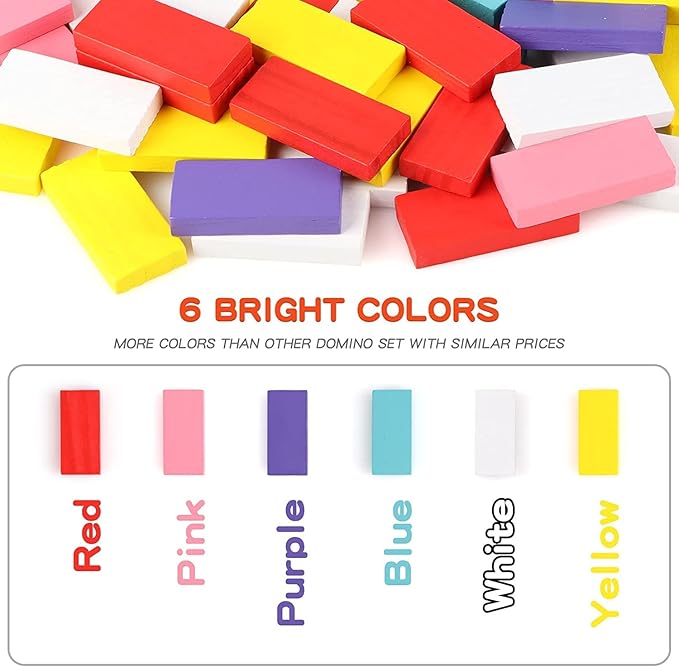 Wondertoys 600 PCS Dominoes Set for Kids Wooden Building Blocks 6 Colors Bulk Dominoes Racing Tile Games Educational Toy for Kids Birthday Party with 11 Add-on Blocks and 1 Storage Bag