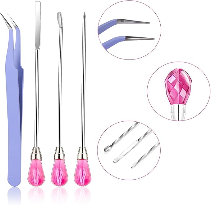 11 Pcs Silicone Resin Mold Tools Set Stirring Needle Spoon Tool Tweezers Precision Kit, Anti-Static Electronics Tweezers Set for Resin Art Crafts,Jewelry Making,Epoxy Casting Molds-Rose Red & Purple