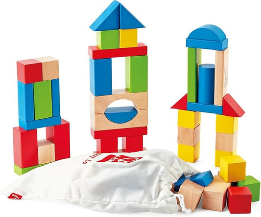 Hape Maple Wood Kids Building Blocks Stacking Wooden Block Educational Toy Set for Toddlers, 50 Brightly Colored Pieces in Assorted Shapes and Sizes