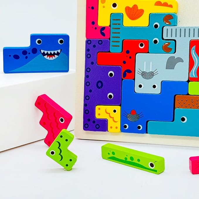 Wooden Blocks Puzzle Russian Blocks for Kids Age 3 4 5 Years Old, Children's Puzzle Game Board Learning Education Montessori Toddler Puzzle Wooden Toys for Kids Birthday Party Gift (Ocean)