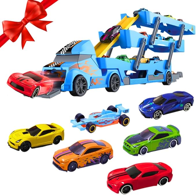 7 in 1 Toy Car Hauler - Semi Truck Toy Cars for Kids Ages 4-8 Boys Toddler Cars to Drive