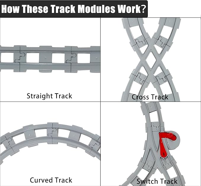47-Piece Train Track Set,Classic Railway Tracks with 30 Curved Tracks,14 Straight Tracks,2 Switch Tracks,and 1 crossover track- Compatible with All Major Brands,Light Grey Toy Track Accessory for Kids