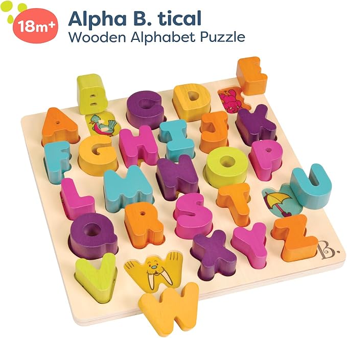 B. toys- Alpha B. Tical– Wooden Alphabet Puzzle – 26 Letter Pieces – Chunky Wooden Puzzle – Educational Toys for Toddlers, Kids – 18 Months +
