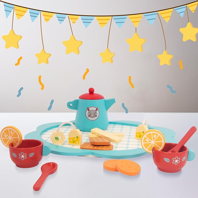 Wooden Tea Set for Little Girls, Play Food Pretend Play Kitchen Accessories for 3 4 5 Years Old Girls Boys, Toddler Princess Tea Time Party Food Toys