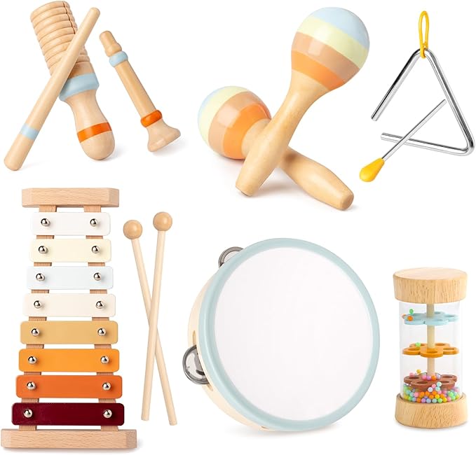 Baby Musical Instruments, Montessori Musical Toys for Toddler Neutral Colors Wooden Toys Percussion Instruments Set with Modern Boho Xylophone Birthday Easter Gifts for Kids Preschool Educational