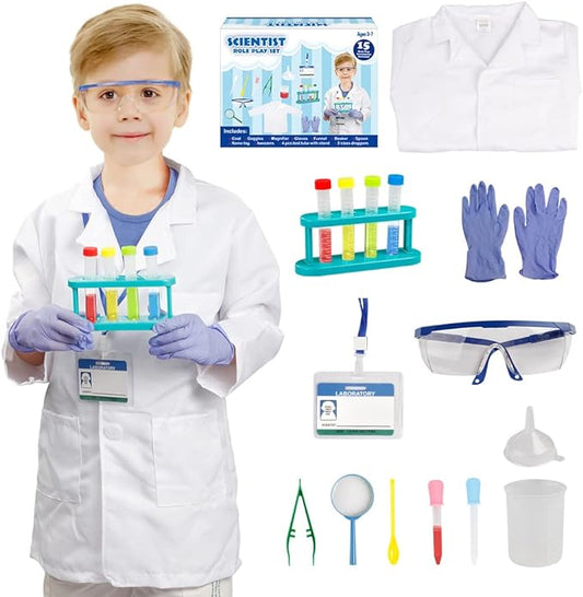 Scientist Costume for Kids, Lab Coat with Science Experiment Kit, Dress Up & Pretend Play for Boys Girls Ages 4 to 8 Years Old