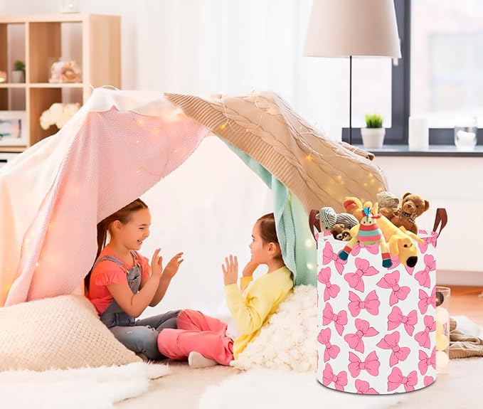 CLOCOR Large Laundry Basket,Waterproof Nursery Hamper,Collapsible Fabric Storage Container,Toys Bin,Room Decor,Gift Basket(Pink Bowknot