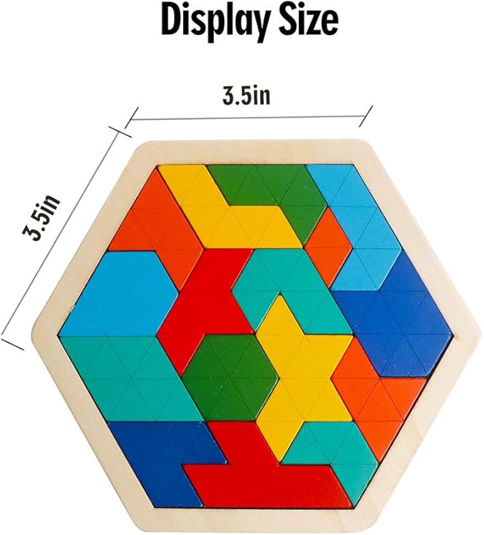 Skrtuan Wooden Hexagon Puzzle for Kid Adults Brain Teaser Blocks Puzzles Games Toy Shape Pattern Block Tangram Geometry Logic IQ STEM Montessori Educational Gift for All Ages Children Boys Girls