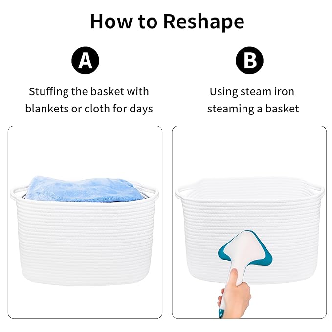 ABenkle Cotton Rope Storage Basket, Decorative Organizer with Handles, Rectangle Baby Nursery Baskets for Shelves Closet, 13.5x11x9.5-Inches, White