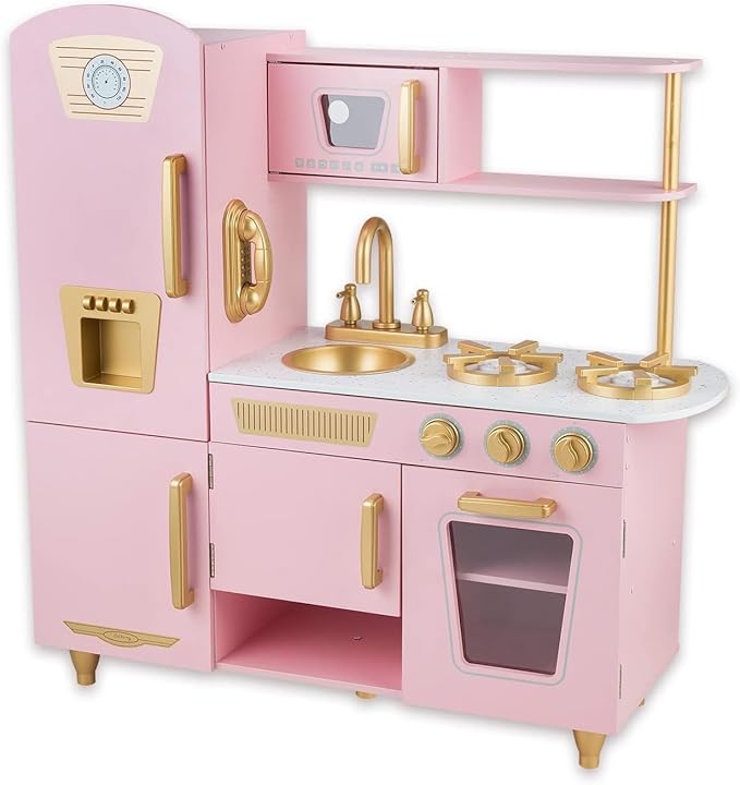 Kitchen Playset for Kids Ages 3-8, Wooden Pretend Play Kitchen for Toddlers, Including Telephone, Ice Maker, Refrigerator, Dimensions: 35” H x 31” W x 12” D (Pink)