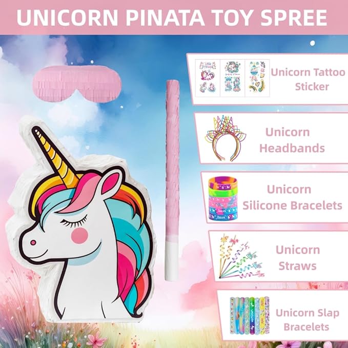 Unicorn Pinata Unicorn Party Favors for Girl Birthday Party Unicorn Party Supplies with Unicorn Pinata Headbands Stickers Slap Bracelets Keychains Silicone Bands and Straws (White)