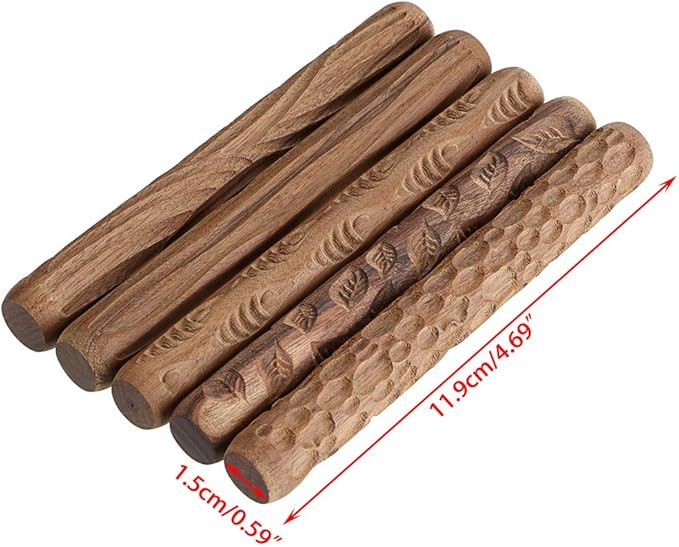 OwnMy Set of 5 Clay Modeling Pattern Rollers Kit, Fish Leaves Cobblestone Ripple Wood Grain Pattern 4.7 in Clay Rolling Pin Textured Hand Roller Wooden Handle Pottery Tools Set
