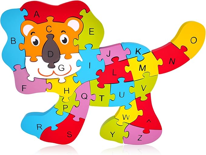 LovesTown Lion Wooden Puzzle, 26PCS Jigsaw Puzzle Alphabet and Number Blocks Animal Wooden Building Blocks for Kid Preschool Education