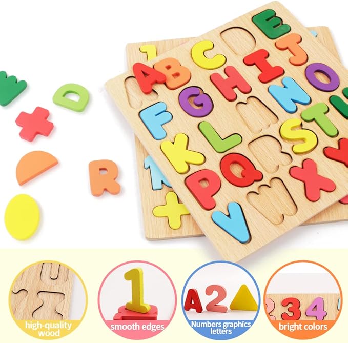 Puzzles for Toddlers, 3 Pack Wooden ABC Alphabet Number Shape Puzzles Toddler Learning Toys for Kids 2-4 Years Boys Girls, Montessori Preschool Educational Gift Learning Letter Puzzles Toys Ages 1-3