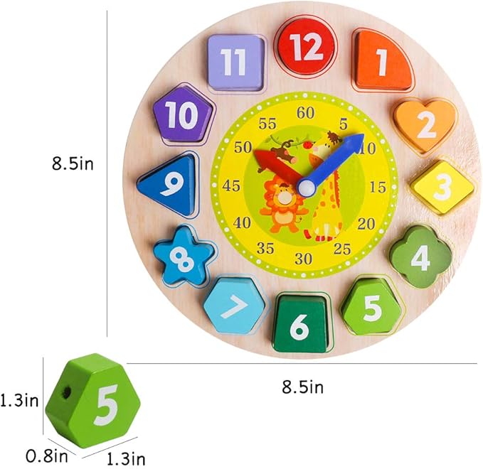 Skrtuan Wooden Shape Color Sorting Clock- Teaching Time Number Blocks Clock Shape Patterns Sorting and Animal Puzzle Montessori Early Learning Educational Toy Gift for 1 2 3 Year Old Toddler Baby Kids