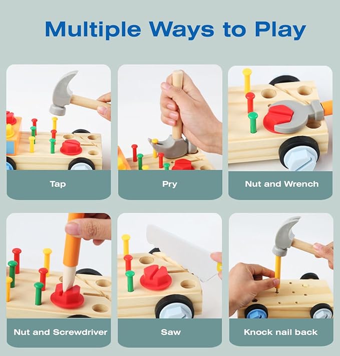 STEM Montessori Wooden Construction Toy Car Set with Real Tools for Kids Ages 3+ | Early Educational Building Kit, Fine Motor Skills Activity Gift for Boys & Girls