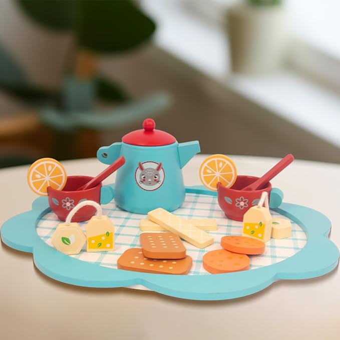 Wooden Tea Set for Little Girls, Play Food Pretend Play Kitchen Accessories for 3 4 5 Years Old Girls Boys, Toddler Princess Tea Time Party Food Toys