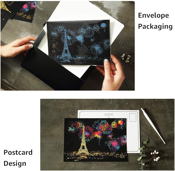 Magic Scratch Art Paper(7.9"x5.5"), Rainbow Landscape Engraving Art Mini Scratchboard Pads for Adults and Kids, Art & Crafts Set: 12 Sheets Scratch Postcard Cards & Drawing Pens, Brush (City Living)