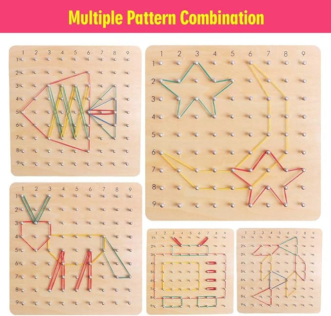 Skrtuan Wooden Geoboard with Rubber Bands, Montessori Educational Toy for Kids, Pattern Block Geo Board with Pattern Cards and Rubber Bands Create to Figures Shape STEM Puzzle Matrix Brain Teaser