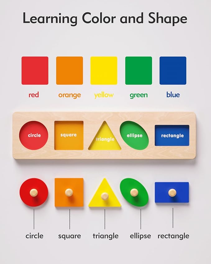 Boby Montessori Colorful Geometric Shapes Puzzle Board for Toddlers 1-3 Years | Wooden Knob Peg Baby Puzzles for 12-24 Months Early Learning Educational Toy