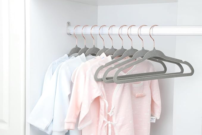 ManGotree Baby Velvet Hangers with 360° Swivel Rose Gold Hook, 10.95" Non-Slip Toddler Hangers, Ultra Thin Space Saving Infant Hangers for Kids Clothes, 15 Pack (Gray)