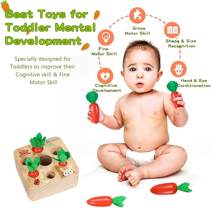 YOFUN Montessori Toys for Toddler - Carrot Harvest Wooden Matching Puzzle, Shape & Size Sorting Games for Developing Fine Motor Skill, Educational Gift for Baby Boys Girls, Made of Natural Pine Wood