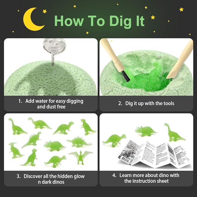 XXTOYS Luminous Dinosaur Eggs Dig Kit Glow-in-The-Dark Dinosaur Eggs 12 Dinosaur Excavation Kits with 12 Unique Dinosaur Toys Dinosaur Dig for Kids Archaeology Educational Science Gift