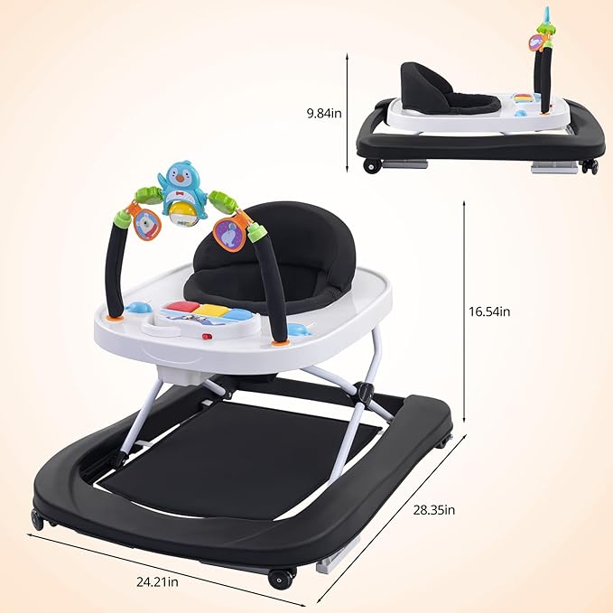 Baby Walker, Music & Removable Footrest with Toys, 3-Height Adjustable, Foldable 4-in-1 Activity Center for Infant and Toddler, Baby Walker for Baby Boy Girls 7–18 Months