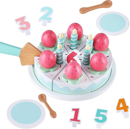 Wooden Birthday Party Cake Toys,Pretend Play Food for Toddlers 1-3, Birthday Cutting Cake Toy with Candles and Numbers, Montessori Tea Party Learning Kitchen Toys for Boys Girls