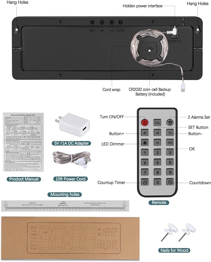 JoFomp Modern 16" Large Digital Wall Clock with Remote Control, LED Display, Auto-Dimming, Countdown, Temperature, Calendar - 12/24Hr Format - Silent Wall Clock for Home, Office, or Gym Use (Green)