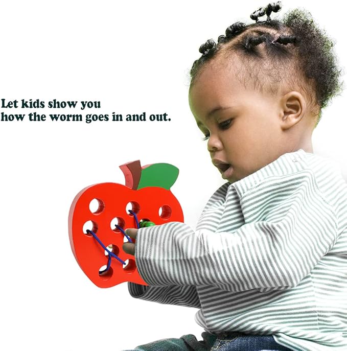 Lacing Toys for Toddlers 1-3,Wooden Threading Apple Baby Travel Toys,Montessori Education Sensory Toys Learning Fine Motor Skills, Wooden Block Puzzle Gifts for 1 2 3 Year Old Baby Kids Boys Girls