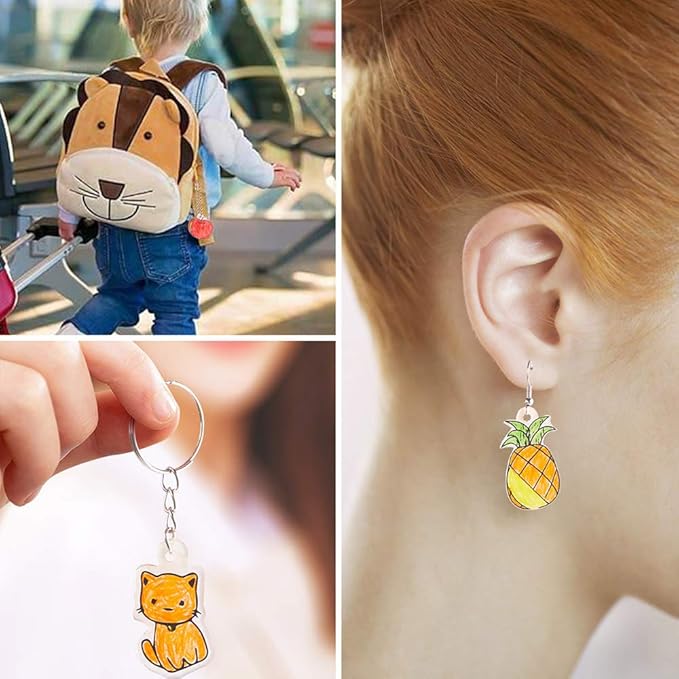 Shrink Plastic Sheet Kit, 166 Pcs Shrink Art Kit Include 10Pcs Shrink Film Paper and 8 Pcs Shrinky Art Paper with Pattern, Hole Punch, Keychains Accessories and Pencils for Kids Creative Craft