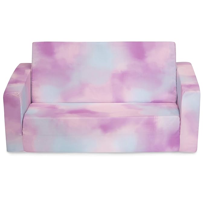 Delta Children Cozee 2-in-1 Extra Wide Convertible Sofa to Lounger-Comfy Flip Open Couch/Sleeper for Kids, Pink Tie Dye