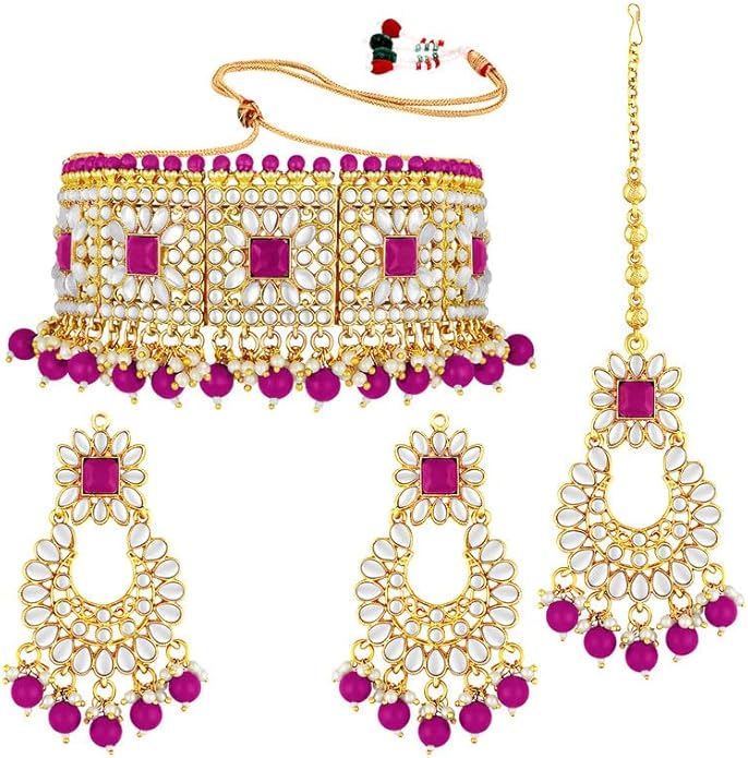 Aheli Bridal Kundan Faux Pearl Choker Necklace with Earrings Maang Tikka Gift for Women Indian Traditional Bollywood Fashion Jewelry Set