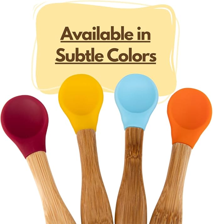 Babynow Bamboo Baby Spoons Self-Feeding Supplies for 6+ Months Babies & Toddlers in Bamboo & Soft Tip Designs ORANGE Pack of 2