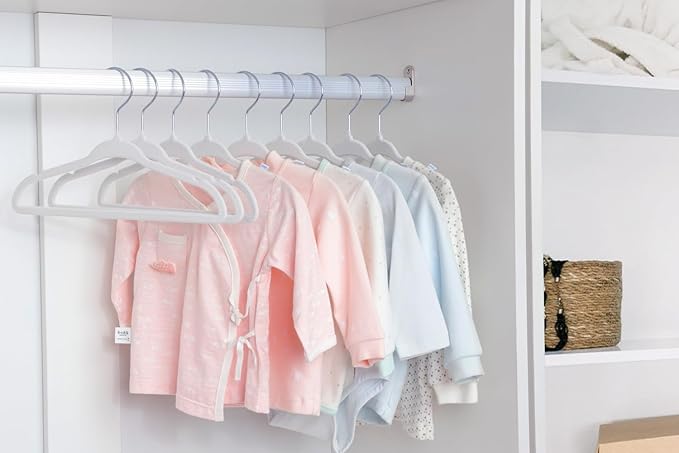 ManGotree 10.95" Baby Velvet Hangers, Non-Slip Infant Coat Hangers, Ultra-Thin Toddler Felt Hangers with 360° Swivel Hook, Space Saving Children's Hangers for Kids Clothes, 48 Pack (White)