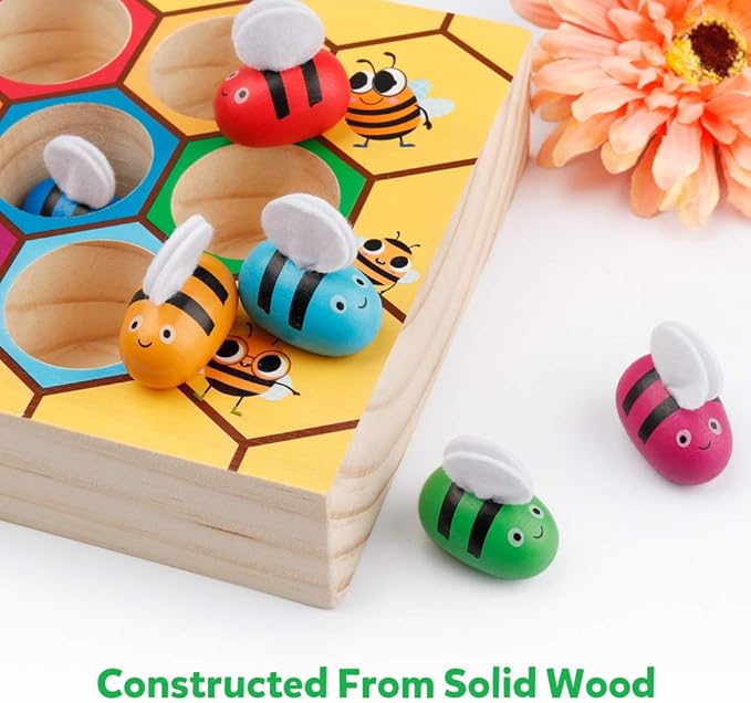 Coogam Toddler Fine Motor Skill Toy, Clamp Bee to Hive Matching Game, Montessori Wooden Color Sorting Puzzle, Early Learning Preschool Educational Gift Toy for 3 4 5 Years Old Kids