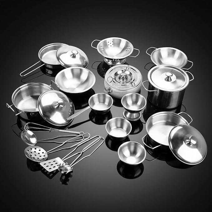 Kids Kitchen Pretend Play Toys, Cooking Toys Play Pots and Pans Set for Kids, 21pcs Small Stainless Steel Kitchen Cookware Kits Toys, Cookware Playset for Girls, Boys