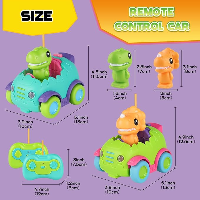 Nueplay Remote Control Car for Toddler Age 2 3 4 5, Electric RC Car Toys with Light & Music, Toddler Dinosaur Toys, Dino Figures Truck Race Car Vehicles, Birthday Gift for Boys & Girls, 2 Pack Playset