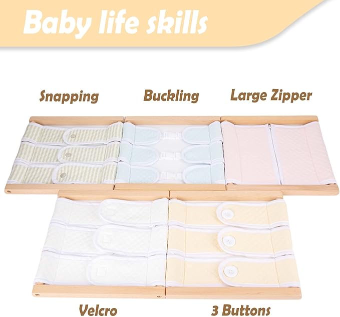 Montessori Wooden Toys for Dressing Learning Board Learning Basic Dressing Skills - Buttons, Snaps, Zippers, Belt Buckles & Velcro for 1 2 3 Year Old Toddlers Sensory Toy Gifts(3 Buttons)