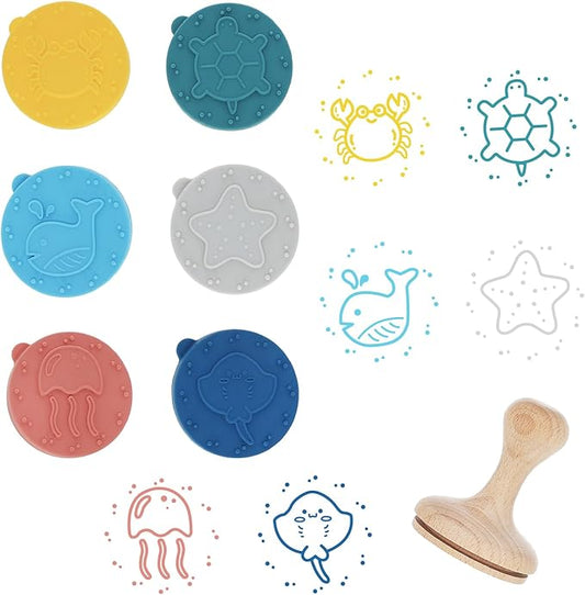 Ocean Adventures Rubber Stamp with Wood Handle, 6 Interchangeable Ocean Animals Silicon Stamps and 1 Sturdy Handle, Fun Kids Craft Supplies and Art Supplies, Arts and Crafts for Kids 4-6 and Families