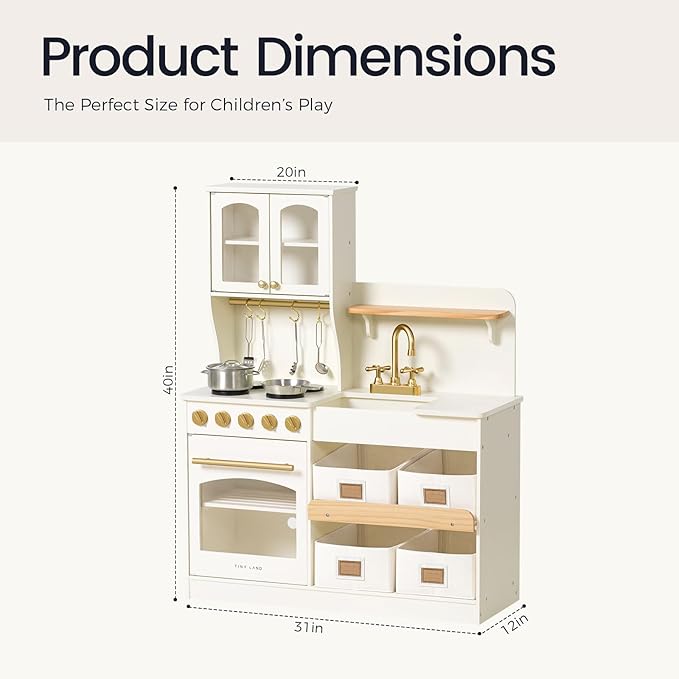 Tiny Land Play Kitchen for Kids, Wooden Play Kitchen with Toy Storage System, Toy Kitchen Set with Plenty of Play Features, Kids Play Kitchen Designed, Gift for Ages 3+
