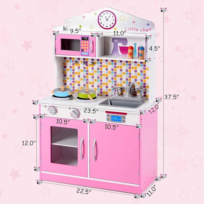 Costzon Kids Kitchen Playset, Wooden Pretend Chef Cooking Toy Kitchen with Realistic Sound, Microwave, Sink, Cookware Accessories, Pink Play Kitchen for Toddlers, Girls, Gift for Ages 3+