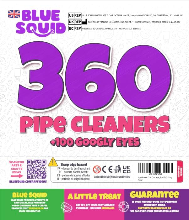 Blue Squid Chenille Stems Pipe Cleaners - 460-Piece Craft Pack with 360 Large Stem Pipe Cleaner & 100 Googly Eyes - Flexible Long Fuzzy Sticks for DIY Arts & Crafts, Home & School Art Supplies