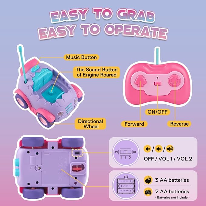 Nueplay Remote Control Car for Toddler Age 2 3 4 5, Electric RC Car Toys with Light & Music, Toddler Toys, Race Car Vehicles, Horse Figures Truck, Christmas Birthday Gift for Baby Girls, Purple