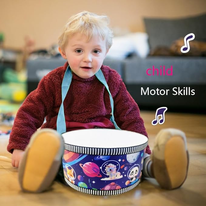 Kid Drum Set,8 Inch Wooden Drum Toys,Sensory Educational Musical Instrument Toy with Adjustable Strap,2 Drumsticks for Toddler,Baby Girls Boys, Astronauts Animals Dinosaurs