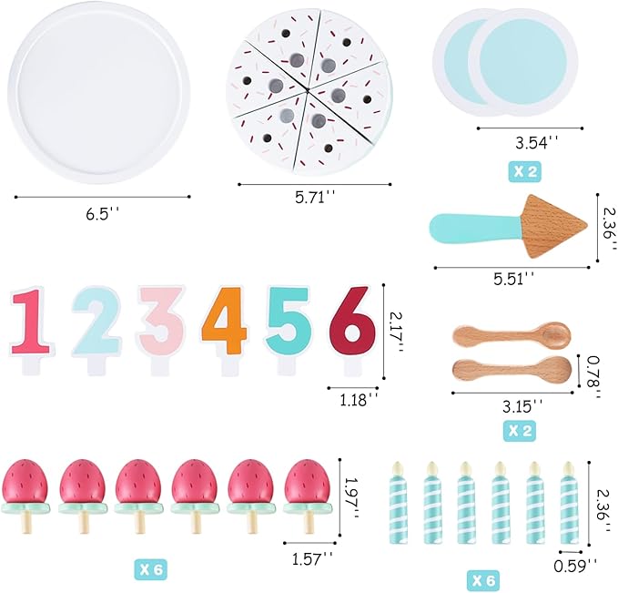 Wooden Birthday Party Cake Toys,Pretend Play Food for Toddlers 1-3, Birthday Cutting Cake Toy with Candles and Numbers, Montessori Tea Party Learning Kitchen Toys for Boys Girls